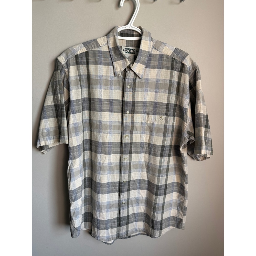 Original Riggins Mens Beige Plaid Short Sleeve Button Up Shirt Size M Vintage